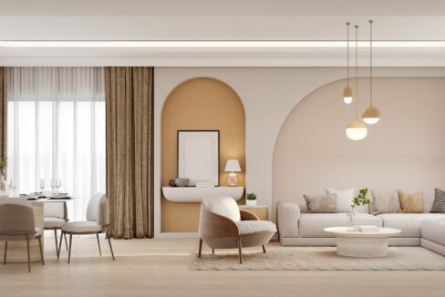 Panorama of luxury living room and dining area with sofa,armchair.3d rendering in a 3BHK Apartment For Sale In Anand Niketan.
