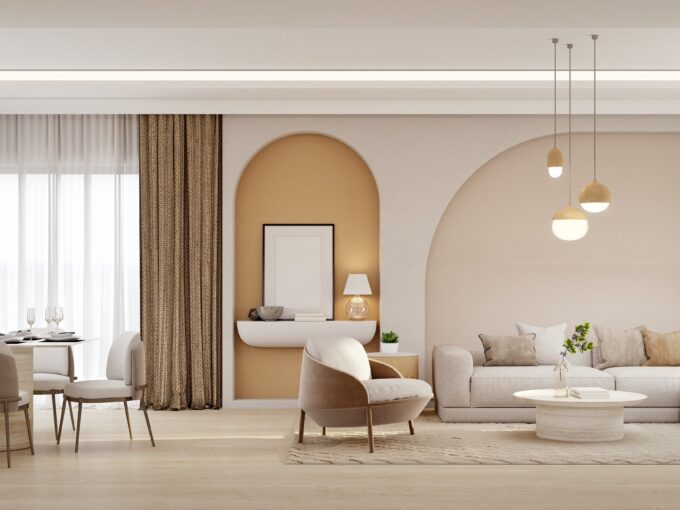 Panorama of luxury living room and dining area with sofa,armchair.3d rendering in a 3BHK Apartment For Sale In Anand Niketan.