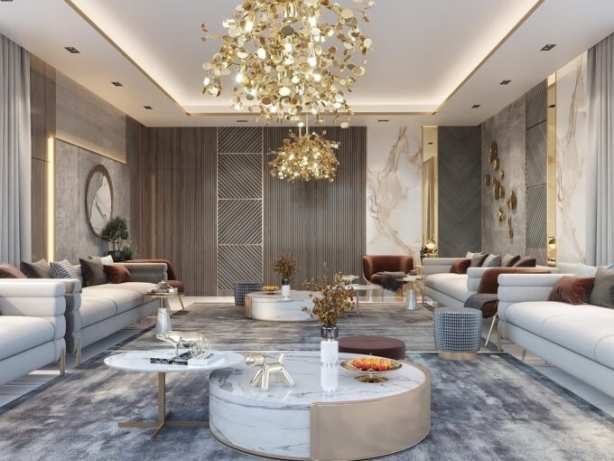 Lavish living room of a luxury triplex for sale in Pamposh Enclave